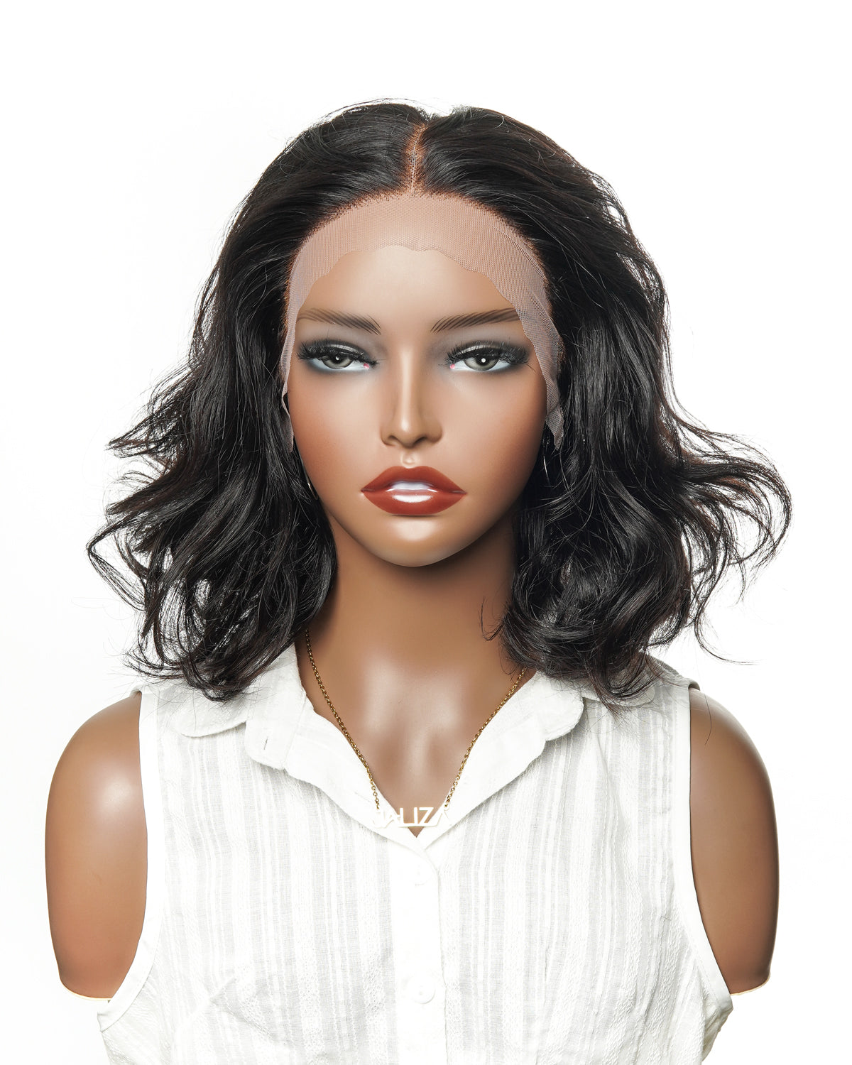 JALIZA 12 inch Natural Black Deep Wave HD Frontal Double Lace Human Hair Wig Middle Part (Mannequin - Front View)
