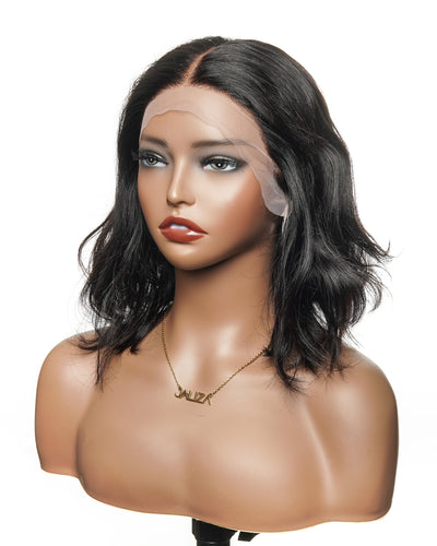 JALIZA 12 inch Natural Black Deep Wave HD Lace Frontal Human Hair Wig Middle Part (Mannequin - Front View)