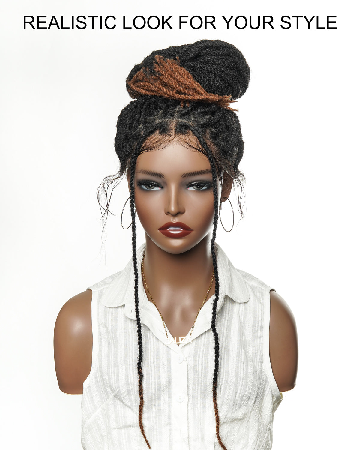 Perruque de 24" en cheveux 100% humains, avec tresses et dreadlocks, lace frontale HD