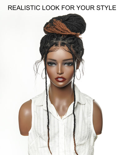 Perruque de 24" en cheveux 100% humains, avec tresses et dreadlocks, lace frontale HD