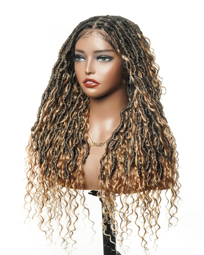 Perruque de Locs Boho sans nœuds en cheveux humains naturels avec boucles Boho et dentelle suisse HD, qualité salon