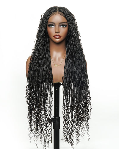 Perruque tressée boîte bohème sans nœuds, 100 % cheveux humains, boucles bohèmes, avec dentelle transparente intégrale et nouée à la main