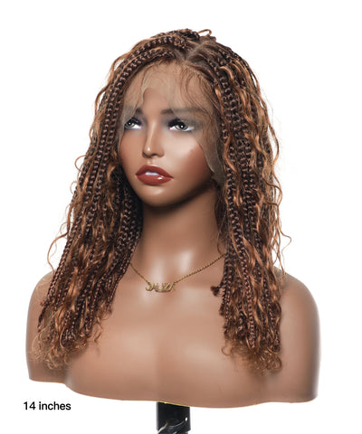 Perruque tressée sans nœuds 102 mèches, base triangulaire haute densité, boucles bohèmes, cheveux humains 14"