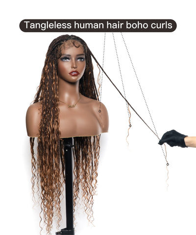 Perruque tressée carrée bohème sans nœuds, cheveux humains, base triangulaire, boucles bohèmes 36" HD, densité totale, 99 mèches