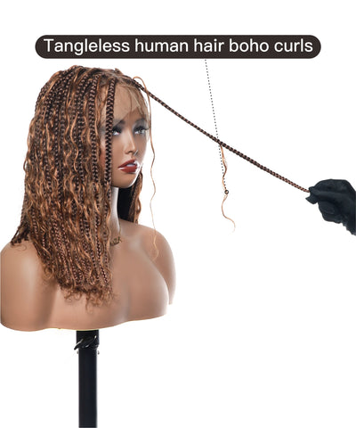 Perruque tressée sans nœuds 102 mèches, base triangulaire haute densité, boucles bohèmes, cheveux humains 14"