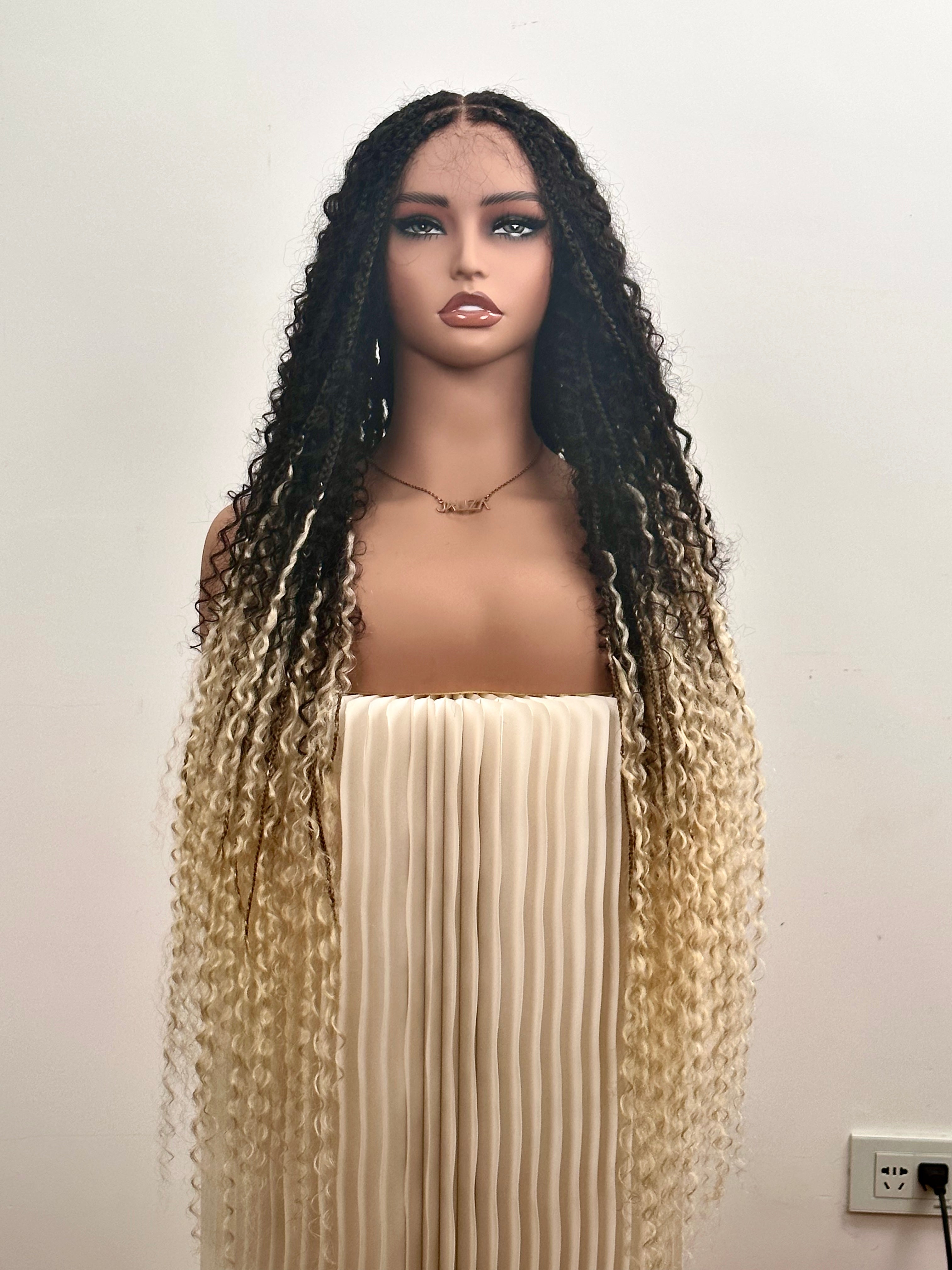 Perruque tressée Diane's 36" avec dentelle, cheveux humains pré-décolorés, style bohème ombré (très volumineuse)
