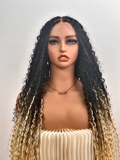 Perruque tressée Diane's 36" avec dentelle, cheveux humains pré-décolorés, style bohème ombré (très volumineuse)
