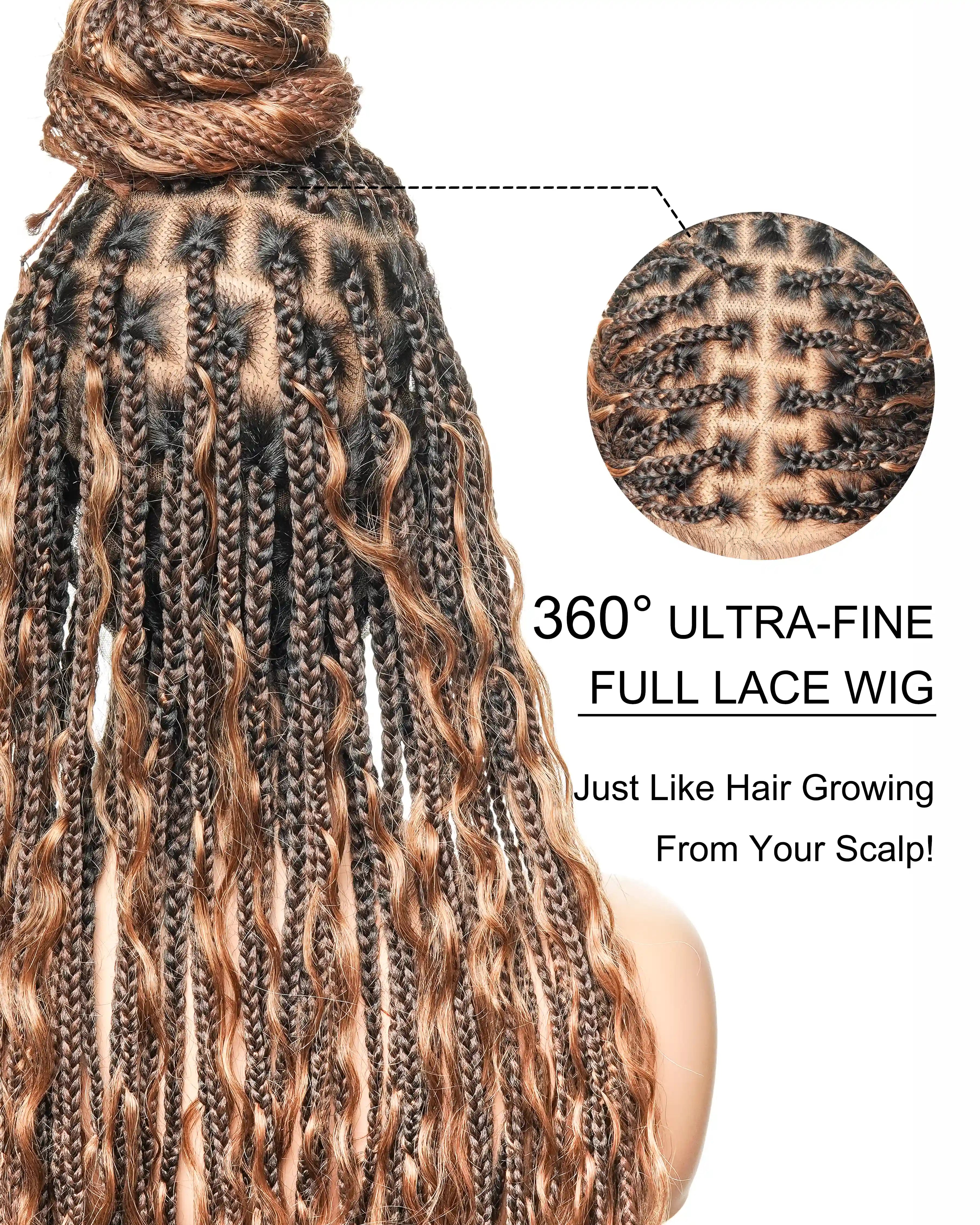 Perruque tressée de type "Boho Box Braided" avec 88 mèches nouées en dentelle, cheveux humains décolorés à l'avance de 24 pouces