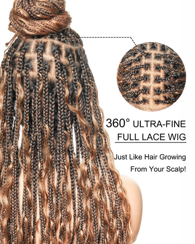 Perruque tressée de type "Boho Box Braided" avec 88 mèches nouées en dentelle, cheveux humains décolorés à l'avance de 24 pouces