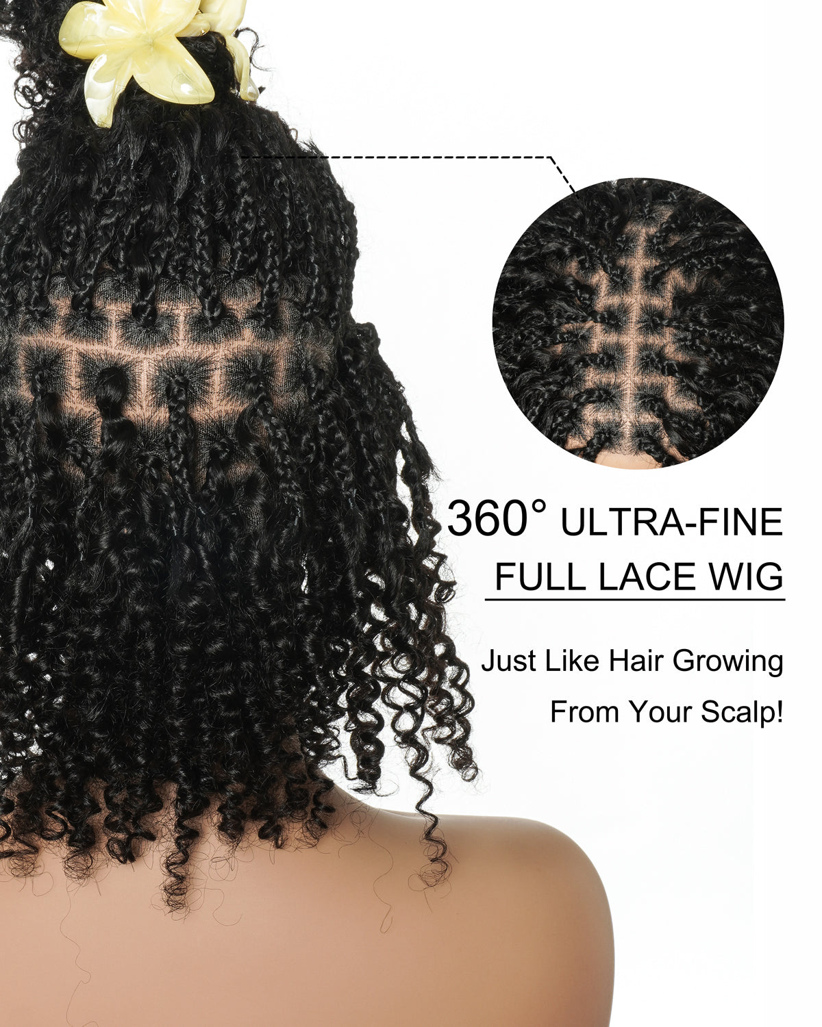 Perruque tressée de style Boho avec tresses carrées, sans colle, 8 pouces, prédécoupée, dentelle HD entièrement élastique, prête à l'emploi, avec boucles Boho afro et boucles Boho en cheveux naturels.