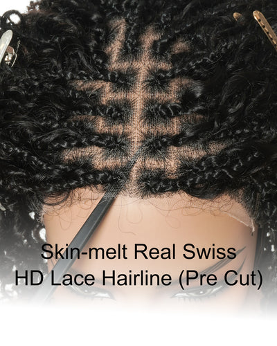 Perruque tressée de style Boho avec tresses carrées, sans colle, 8 pouces, prédécoupée, dentelle HD entièrement élastique, prête à l'emploi, avec boucles Boho afro et boucles Boho en cheveux naturels.