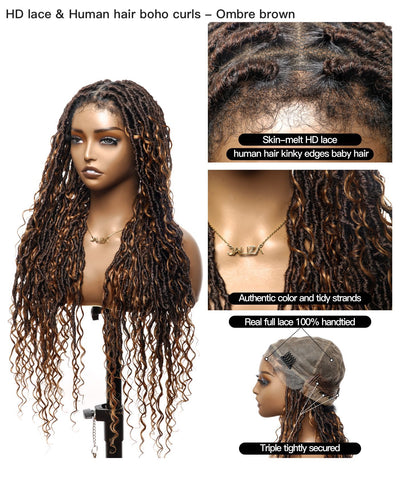 JALIZA 32 inch Ombre Brown Boho Locs Braids HD Lace Braided Wig (Mannequin - Front View)