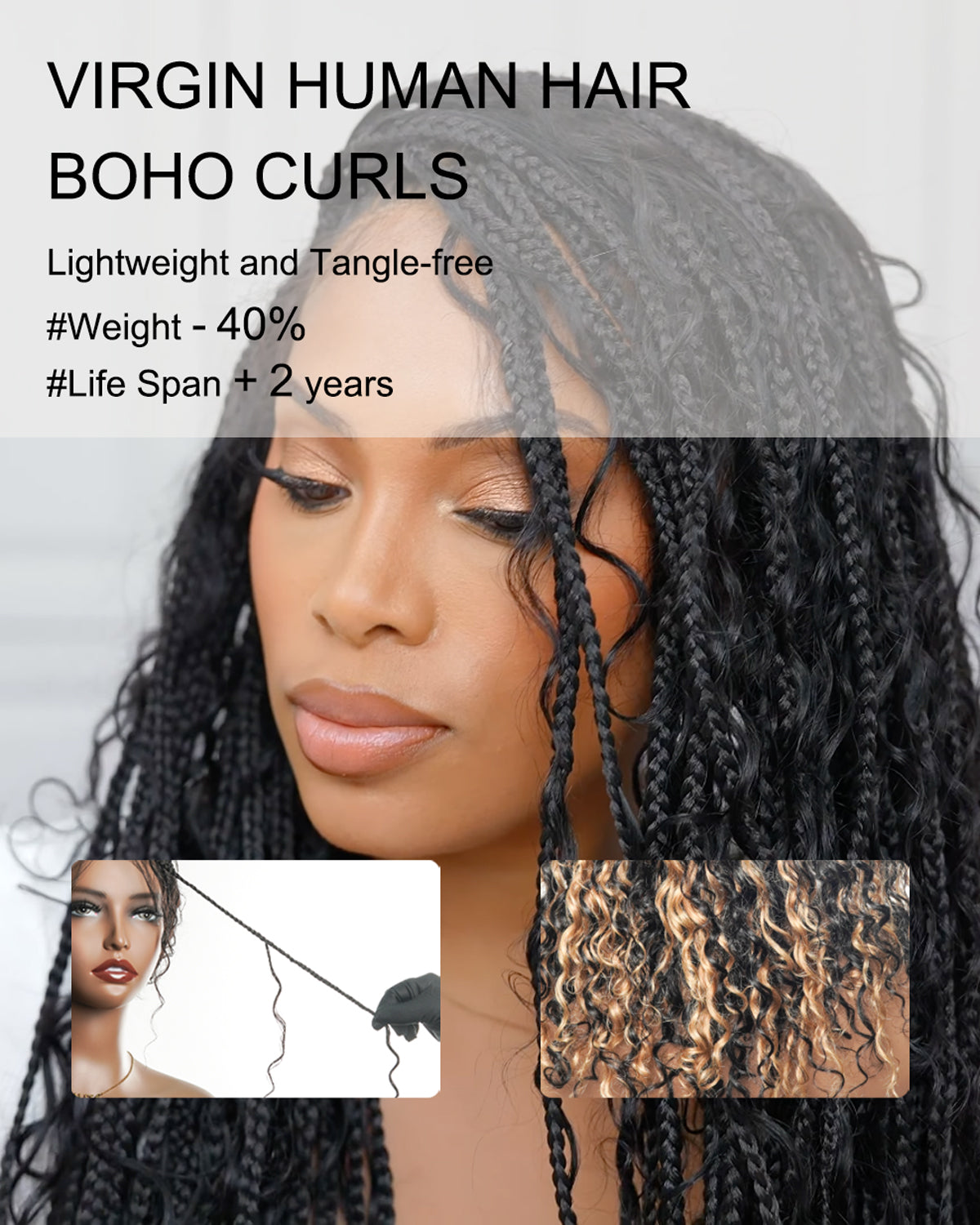 Perruque tressée bohème sans nœuds, en dentelle, cheveux humains, couleur 1B 27