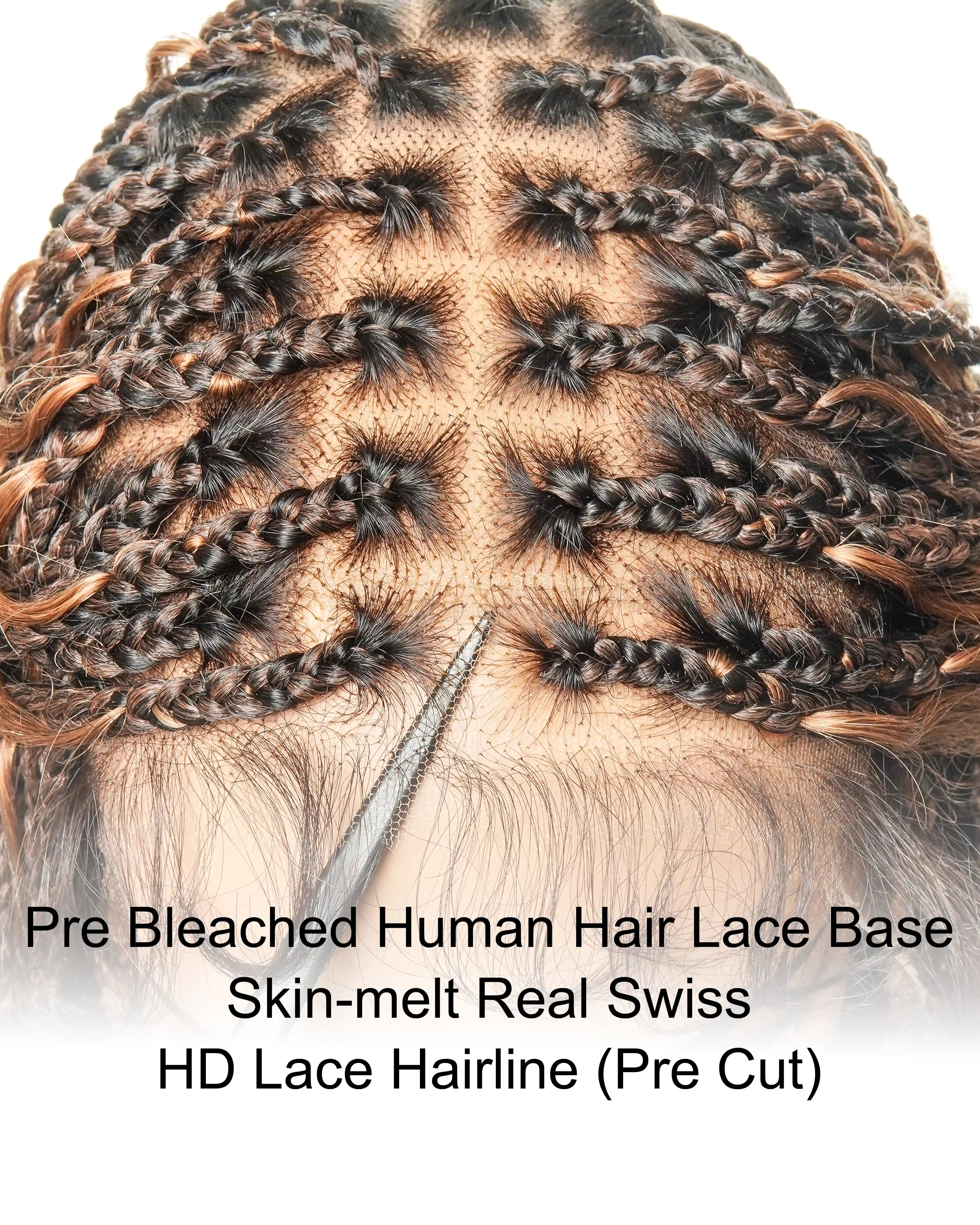 Perruque tressée de type "Boho Box Braided" avec 88 mèches nouées en dentelle, cheveux humains décolorés à l'avance de 24 pouces