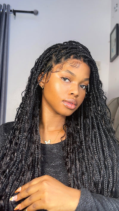 Perruque tressée de 24 po en cheveux humains bouclés légers HD Full Lace de style Boho, d'origine suisse