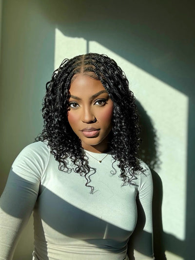JALIZA 16 inch Natural black Knotless Boho Box Braids Full Lace Braided Wig Middle Part (Model - Front View)