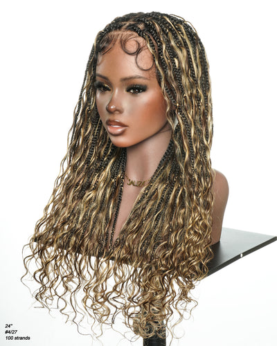 Kiki - Perruque tressée de type Boho, bouclée, en cheveux humains pré-décolorés de 24 pouces, avec base en dentelle suisse HD