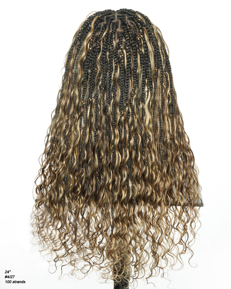 Kiki - Perruque tressée de type Boho, bouclée, en cheveux humains pré-décolorés de 24 pouces, avec base en dentelle suisse HD