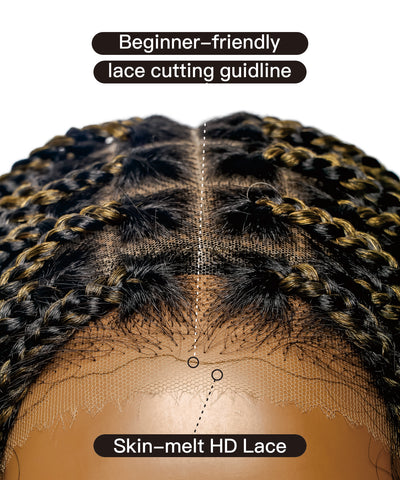 Perruque tressée sans nœuds Boho Curls, cheveux humains sans emmêlement, 32", dentelle HD, 100 mèches - Confort Plus / Dentelle extensible à raccord interne