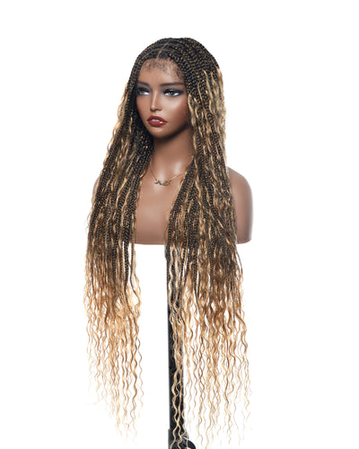 Kiki - Perruque tressée de type "Boho Box Braids" en dentelle suisse HD, pré-décolorée, 36 pouces