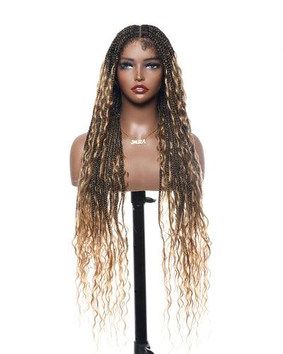 Kiki - Perruque tressée de type "Boho Box Braids" en dentelle suisse HD, pré-décolorée, 36 pouces