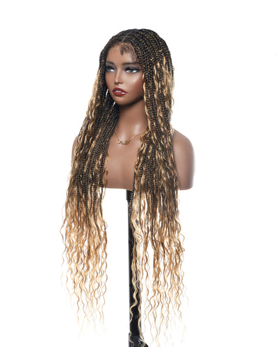 Kiki - Perruque tressée de type "Boho Box Braids" en dentelle suisse HD, pré-décolorée, 36 pouces