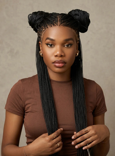 Mica - Perruque HD Suisse pré-décolorée, 26" et 36", à lacets complets, torsades sénégalaises micro sans nœuds, 799 mèches