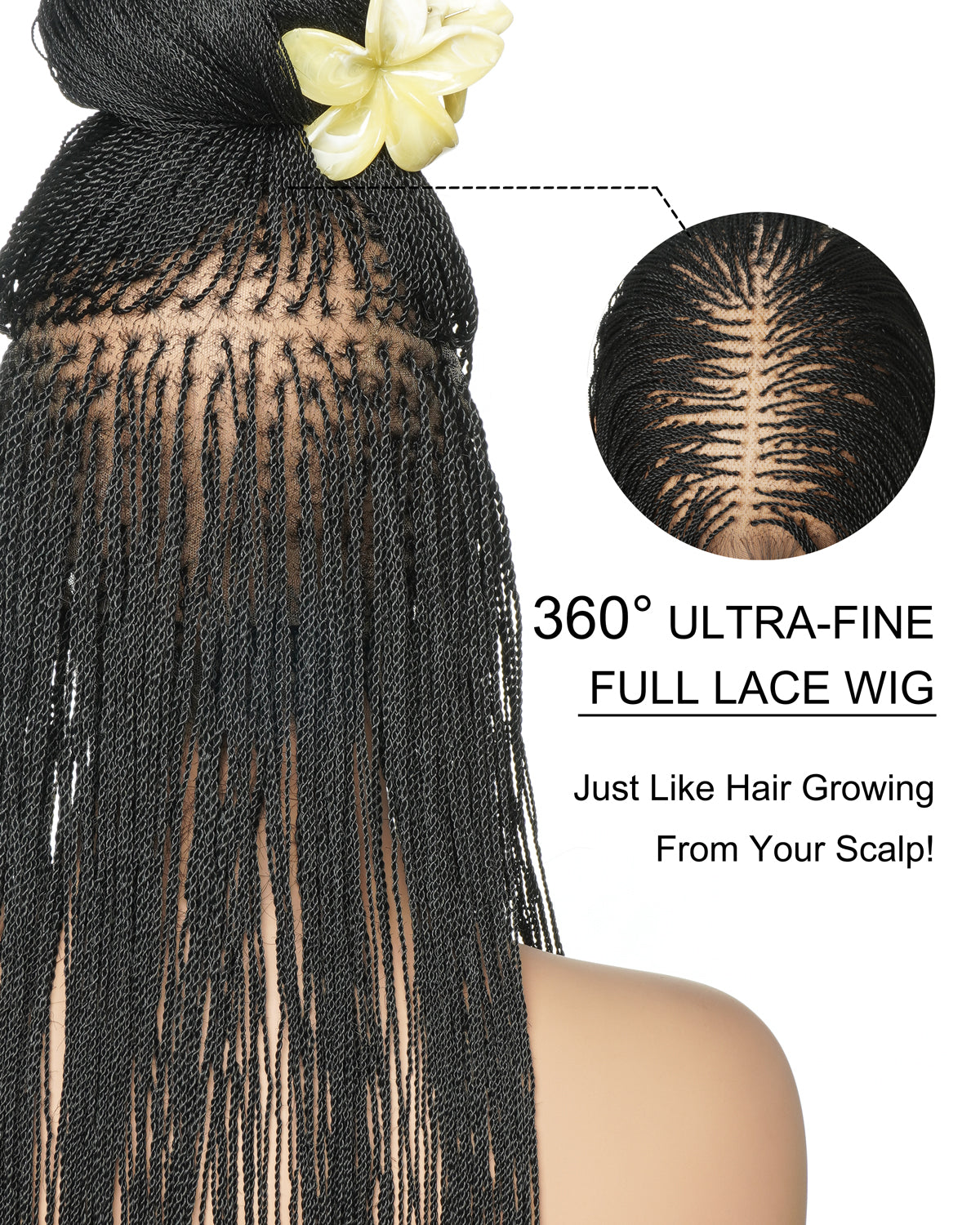 Mica - Perruque HD Suisse pré-décolorée, 26" et 36", à lacets complets, torsades sénégalaises micro sans nœuds, 799 mèches