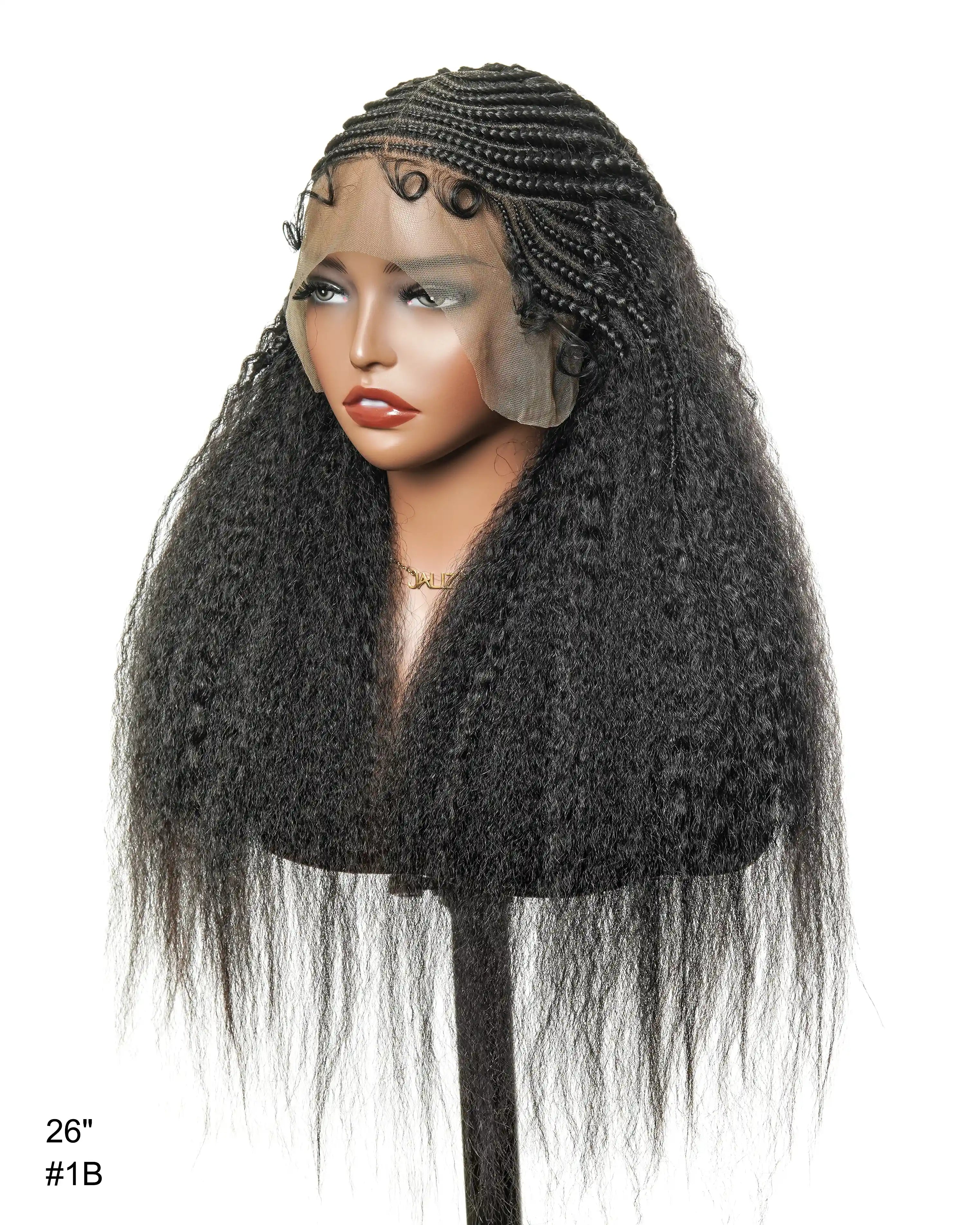 Perruque de 26" avec Couronne Semi-Tressée (Cornrows) Multiple et Cheveux Humains Crépus Extra Volumineux