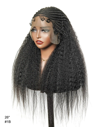 Perruque de 26" avec Couronne Semi-Tressée (Cornrows) Multiple et Cheveux Humains Crépus Extra Volumineux