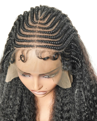 Perruque de 26" avec Couronne Semi-Tressée (Cornrows) Multiple et Cheveux Humains Crépus Extra Volumineux