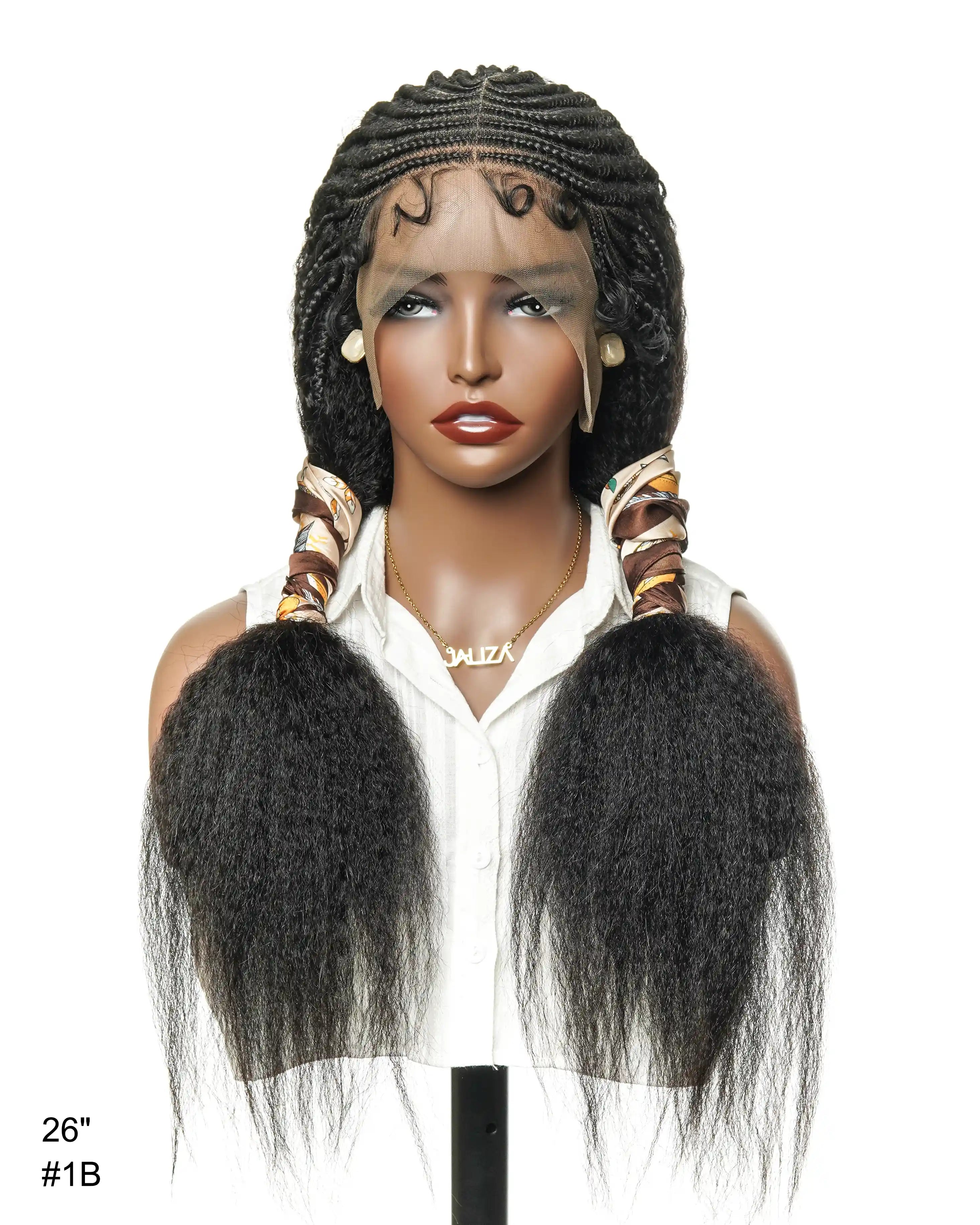 Perruque de 26" avec Couronne Semi-Tressée (Cornrows) Multiple et Cheveux Humains Crépus Extra Volumineux