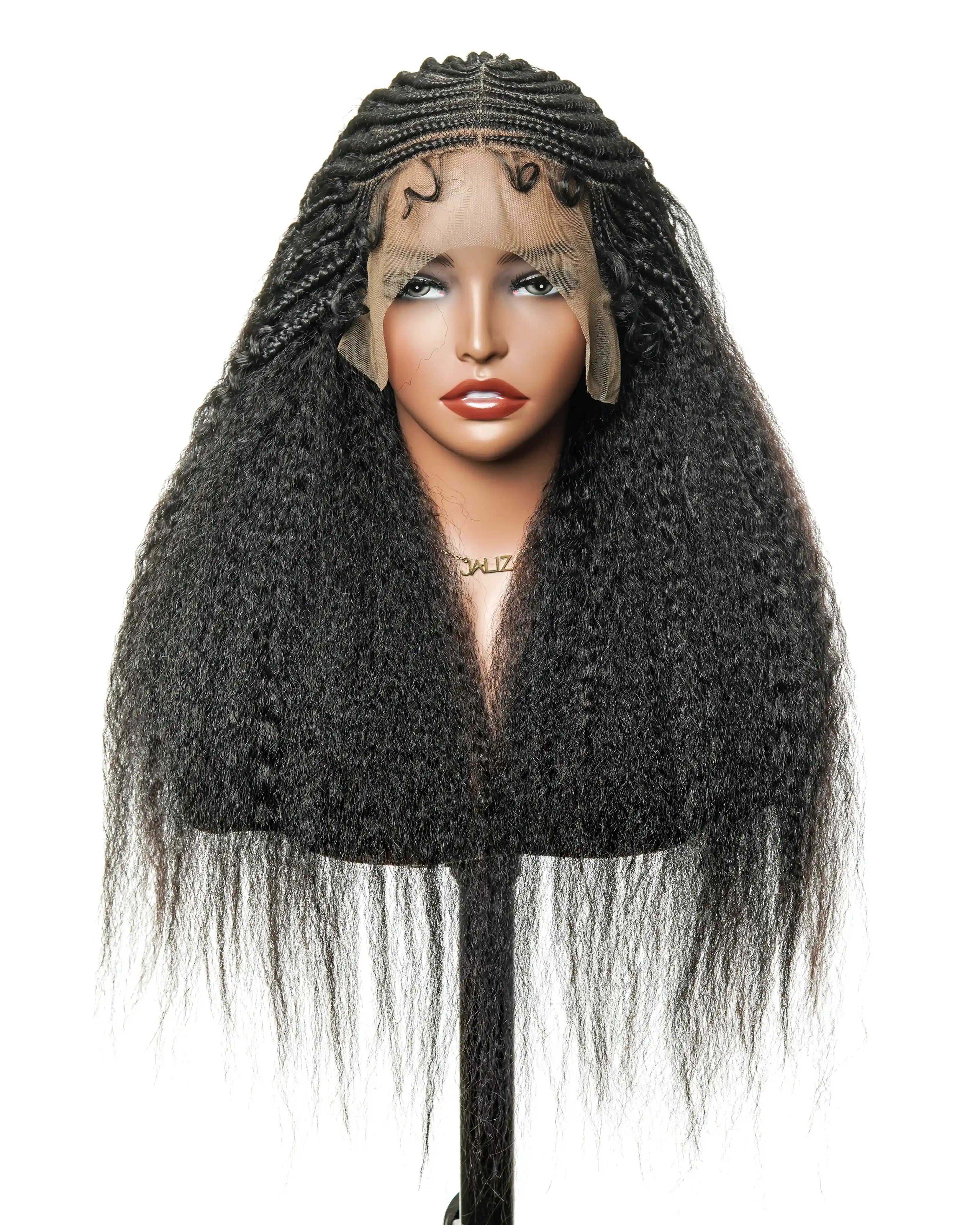 Perruque de 26" avec Couronne Semi-Tressée (Cornrows) Multiple et Cheveux Humains Crépus Extra Volumineux