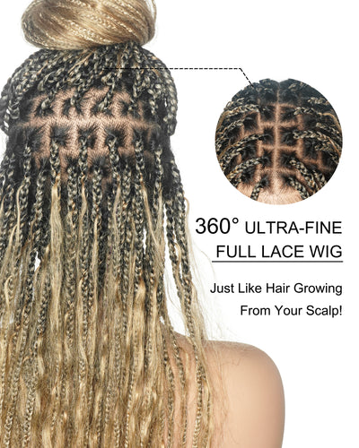 Perruque Tressée Full Lace HD Pré-décolorée, Balayage Mixte Couleur 27/613, Cheveux Humains Bouclés Mouillés et Ondulés, 36 pouces, Nœuds Invisibles, Style Bohème
