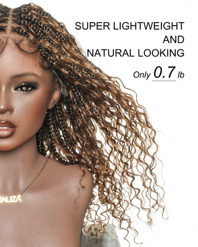 Nami - Bonnet à cordon sans colle Cheveux humains ondulés Boucles pré-décolorées Dentelle HD Suisse Perruque tressée de tresses Boho sans nœuds