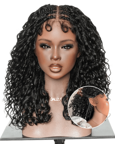 Nami - Perruque tressée de type Boho avec cordon de serrage, 100 % cheveux humains, bonnet et lace frontale suisse HD, coupe pré-coiffée, décolorée et épilée