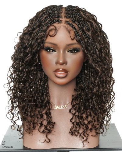 Nami - Bonnet à cordon sans colle Cheveux humains ondulés Boucles pré-décolorées Dentelle HD Suisse Perruque tressée de tresses Boho sans nœuds