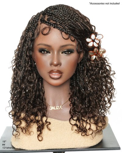 Nami Drawstring Cap Couleur #4 Ondulations naturelles Cheveux humains Bouclés Pré-décolorés Perruque tressée de tresses africaines en boîte bohème sans nœuds avec tulle HD complet