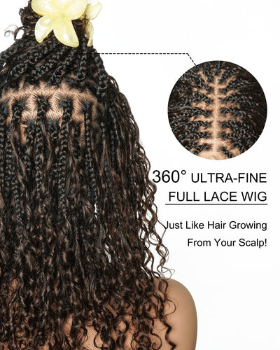 Nami - Bonnet à cordon sans colle Cheveux humains ondulés Boucles pré-décolorées Dentelle HD Suisse Perruque tressée de tresses Boho sans nœuds