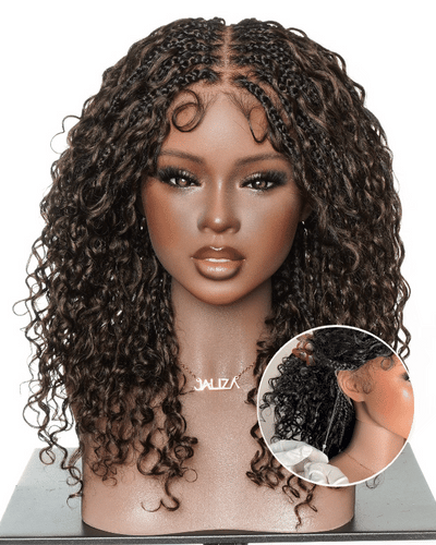 Nami Drawstring Cap Couleur #4 Ondulations naturelles Cheveux humains Bouclés Pré-décolorés Perruque tressée de tresses africaines en boîte bohème sans nœuds avec tulle HD complet