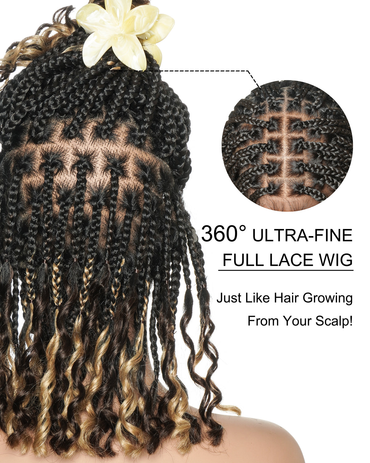 Nina - Perruque tressée sans colle, petite tête, bouts bouclés (bonnet petite taille pour petite tête)
