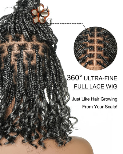 Nina - Perruque tressée de 12 pouces pré-décolorée suisse HD Full Lace Box Braid avec des pointes bouclées en cheveux humains