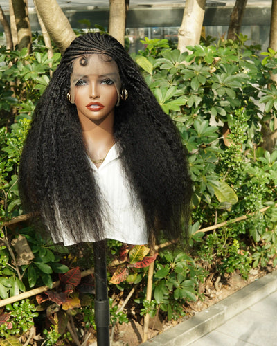 Perruque de 26" avec Couronne Semi-Tressée (Cornrows) Multiple et Cheveux Humains Crépus Extra Volumineux