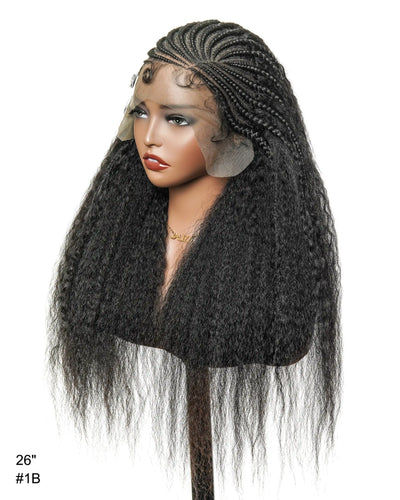 Perruque de 26" avec Couronne Semi-Tressée (Cornrows) Multiple et Cheveux Humains Crépus Extra Volumineux