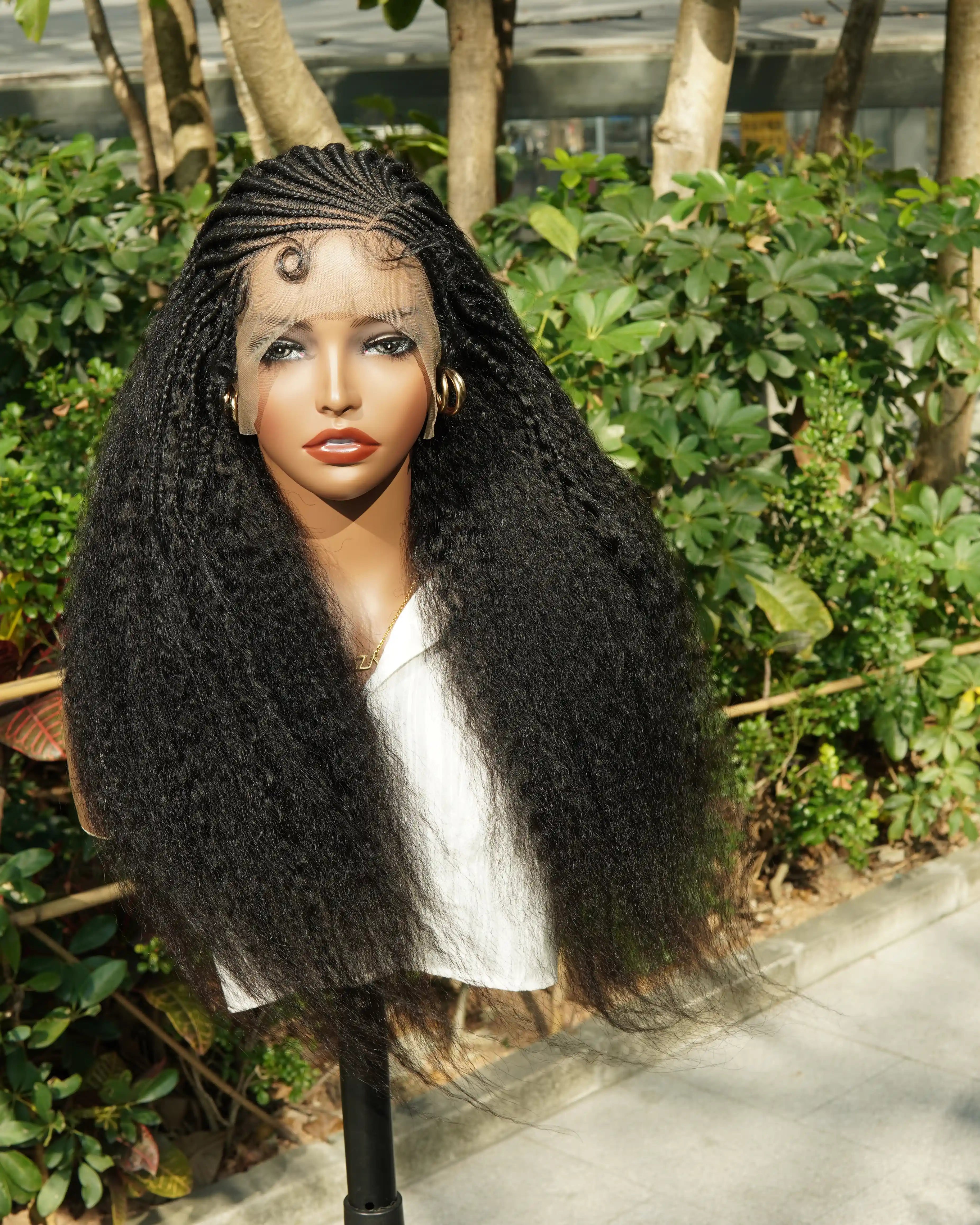 Perruque de 26" avec Couronne Semi-Tressée (Cornrows) Multiple et Cheveux Humains Crépus Extra Volumineux