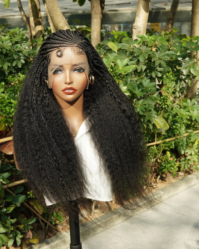 Perruque de 26" avec Couronne Semi-Tressée (Cornrows) Multiple et Cheveux Humains Crépus Extra Volumineux