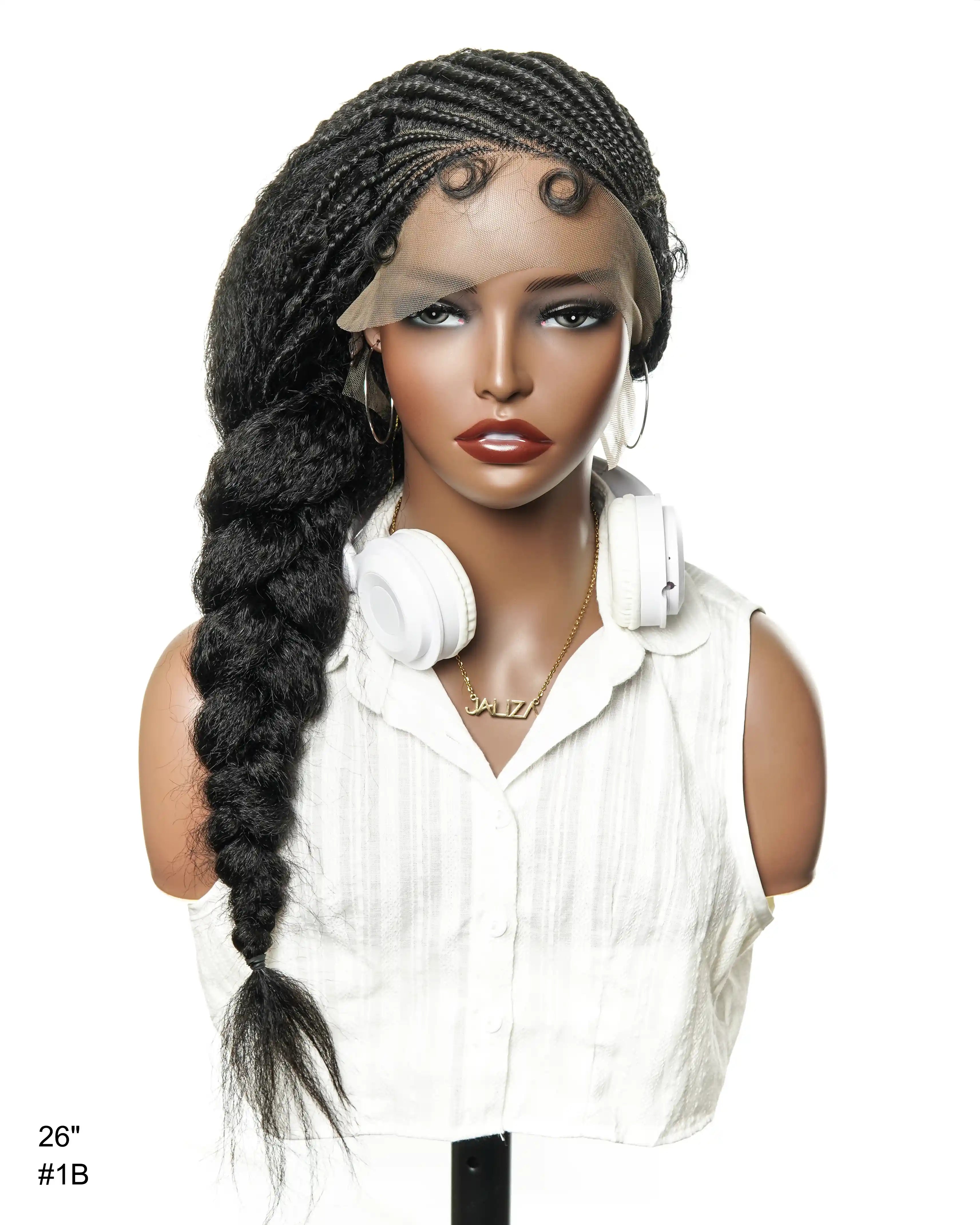 Perruque de 26" avec Couronne Semi-Tressée (Cornrows) Multiple et Cheveux Humains Crépus Extra Volumineux