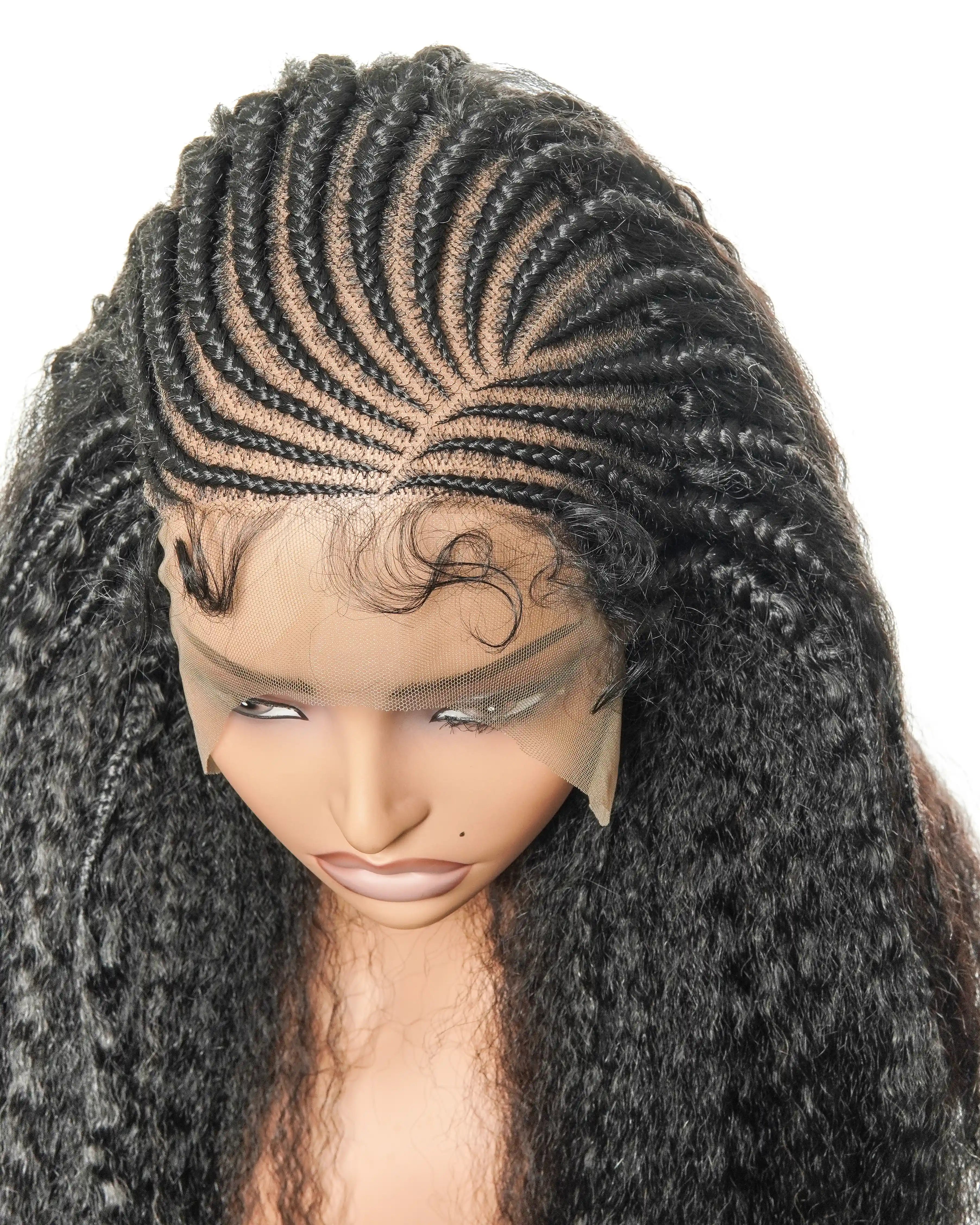 Perruque de 26" avec Couronne Semi-Tressée (Cornrows) Multiple et Cheveux Humains Crépus Extra Volumineux