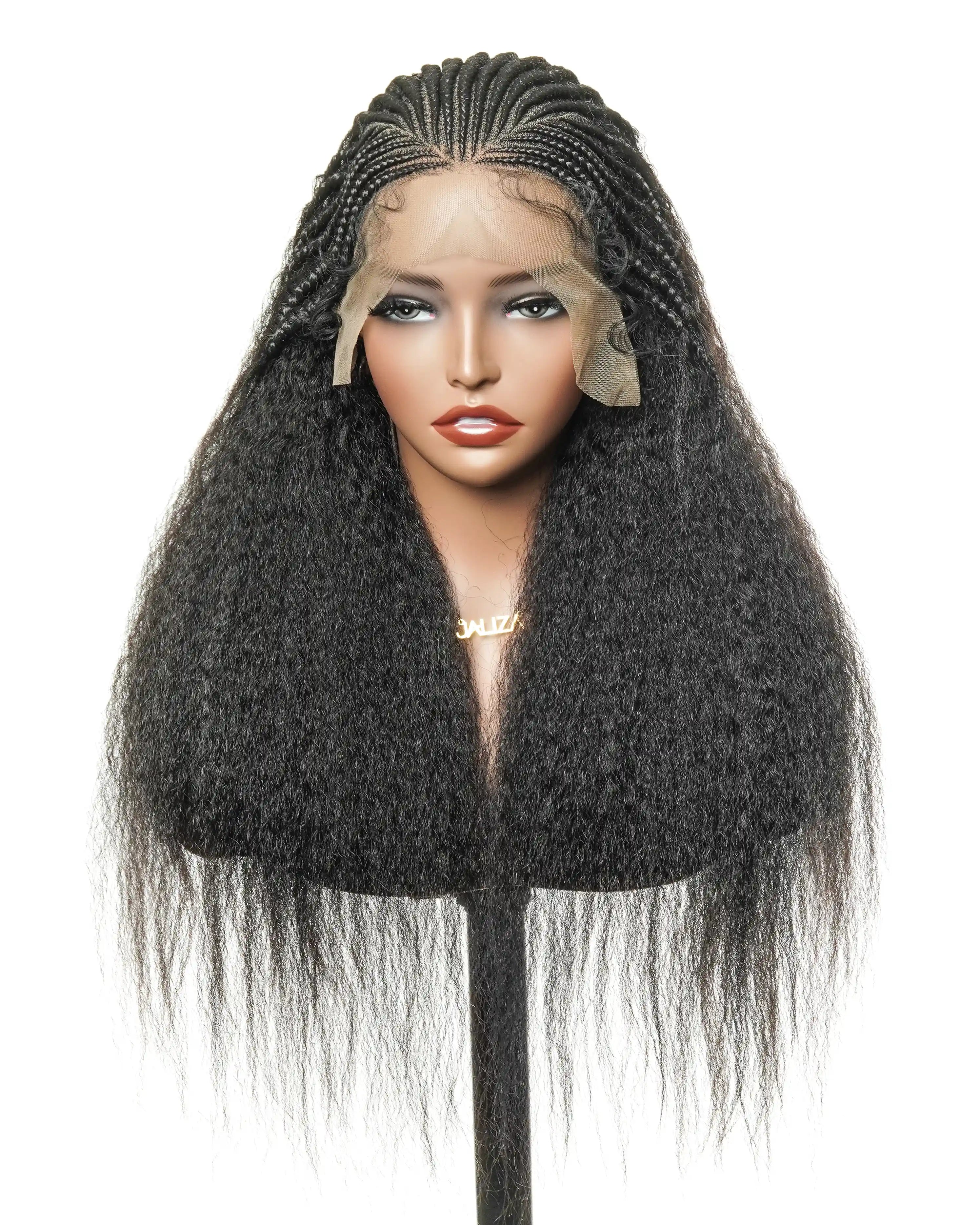 Perruque de 26" avec Couronne Semi-Tressée (Cornrows) Multiple et Cheveux Humains Crépus Extra Volumineux