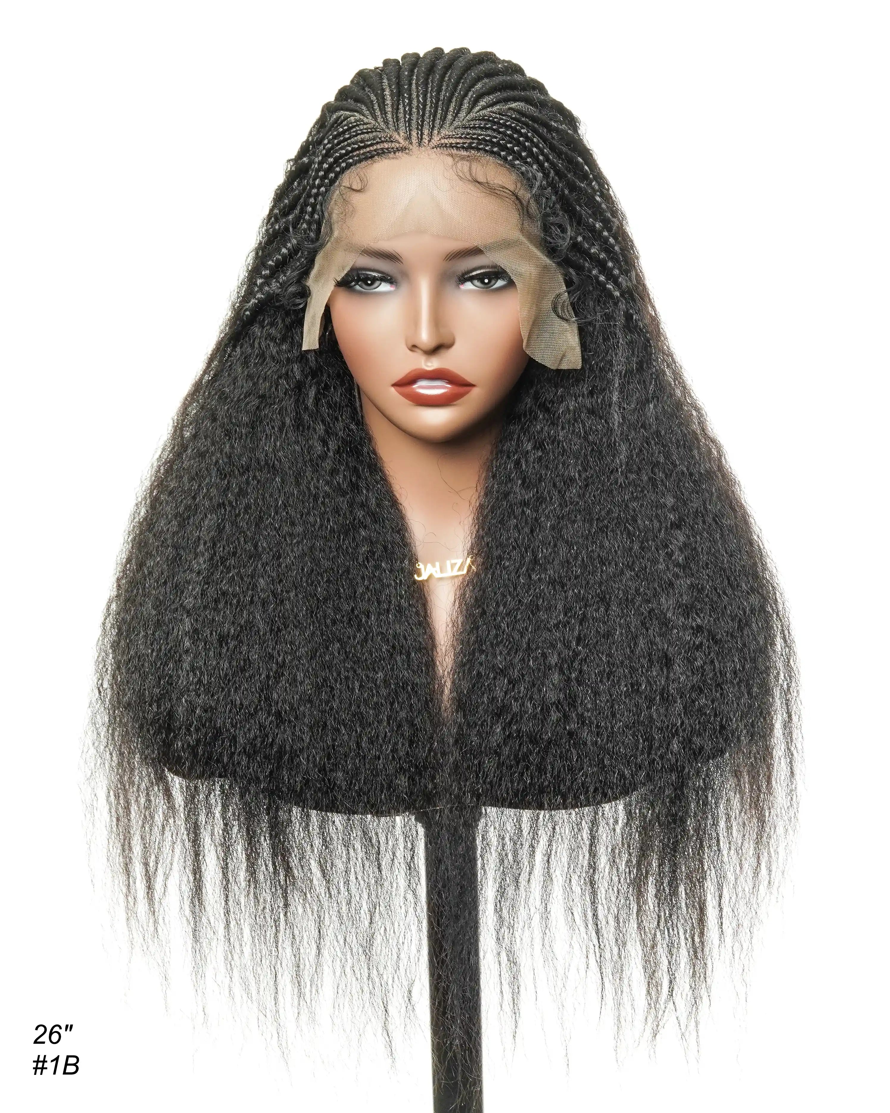 Perruque de 26" avec Couronne Semi-Tressée (Cornrows) Multiple et Cheveux Humains Crépus Extra Volumineux
